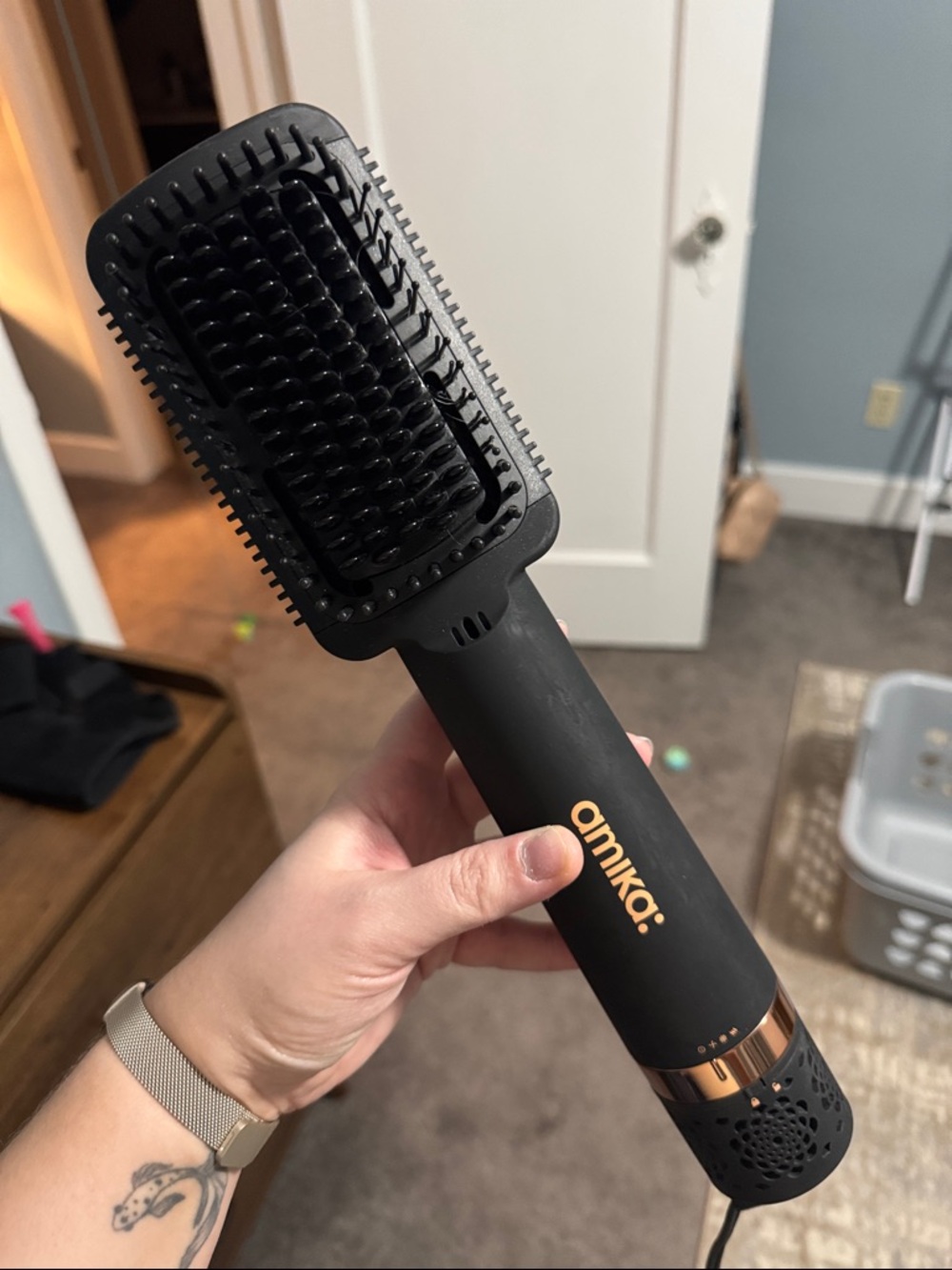amika Black Hot Air Paddle Brush with Rose Gold Accents